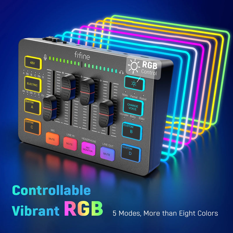 FIFINE AmpliGame SC3 – Mesa de Som Gamer com 4 Canais e RGB