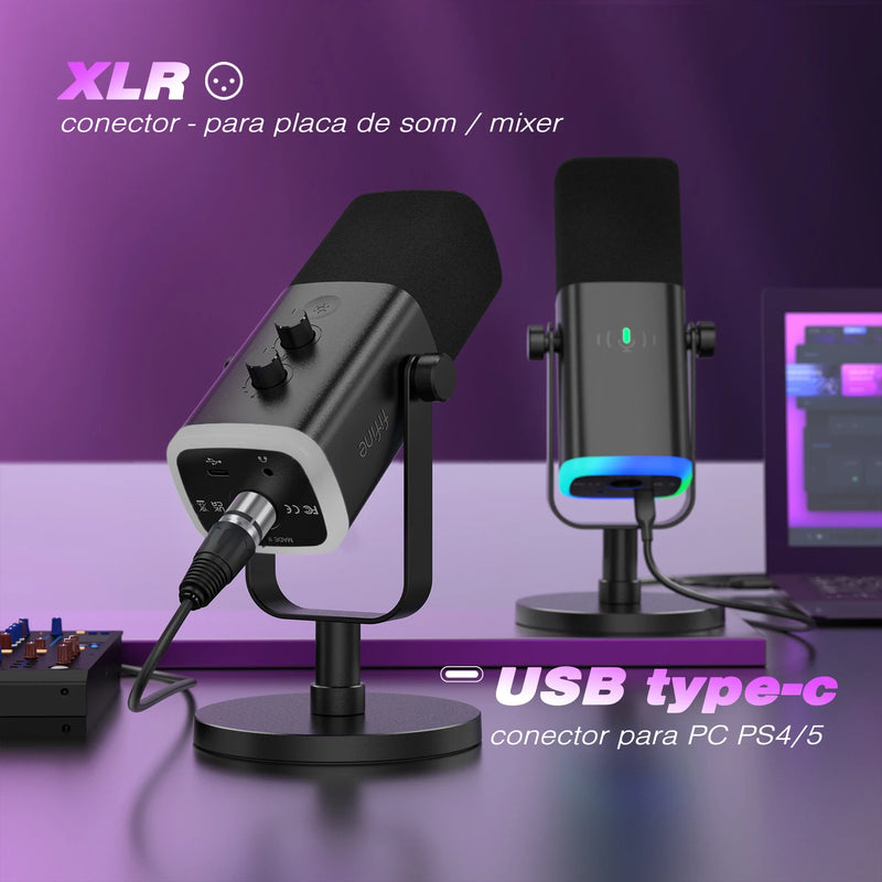 Microfone Dinâmico FIFINE AmpliGame AM8 USB/XLR – Com Toque para Mudo, Saída para Fone e Controles Integrados – Para PC, PS5/PS4 e Mesas de Som