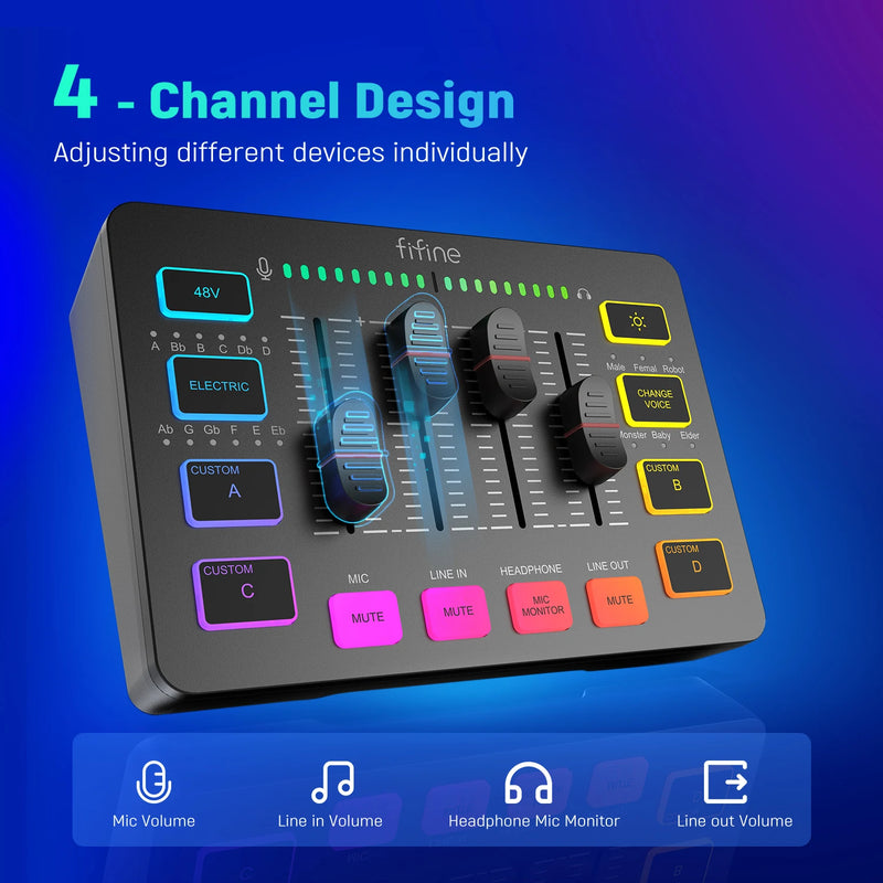 FIFINE AmpliGame SC3 – Mesa de Som Gamer com 4 Canais e RGB