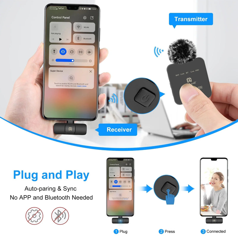 Microfone de Lapela Sem Fio PULUZ – Portátil, Leve e Compatível com iPhone e Android