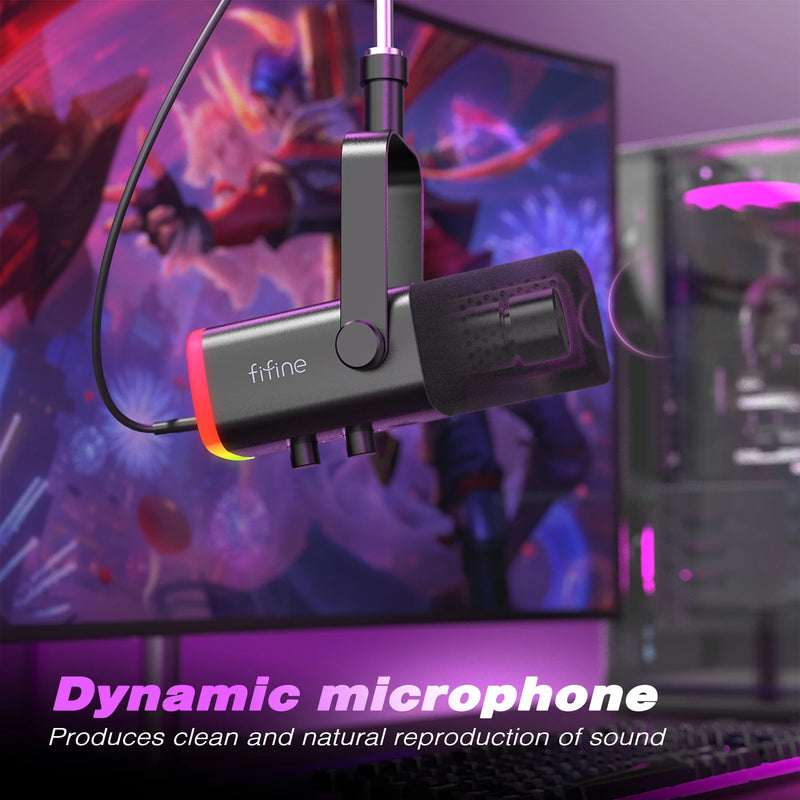 Microfone Dinâmico FIFINE AmpliGame AM8 USB/XLR – Com Toque para Mudo, Saída para Fone e Controles Integrados – Para PC, PS5/PS4 e Mesas de Som
